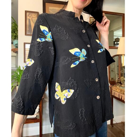 Silk fukure Citron shirt blouse vibrant butterfly print button down - Picture 2 of 9